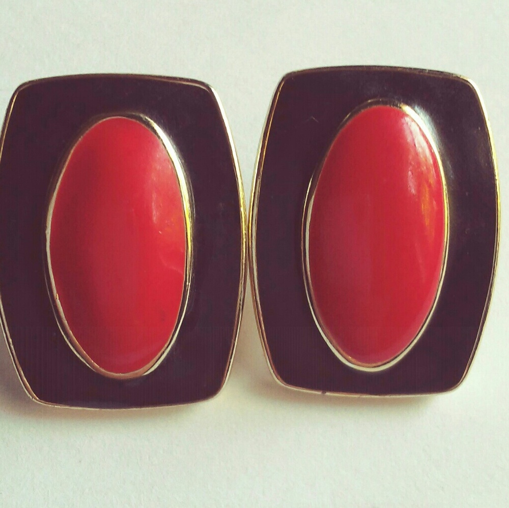 Red & Black Enameled Earrings for Pierced Ears